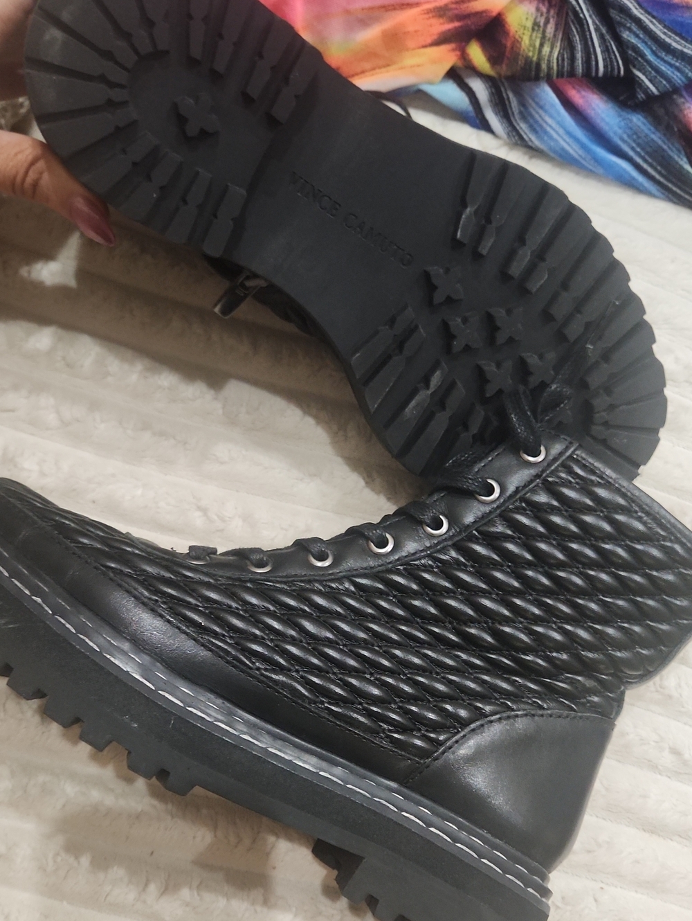 Womens Black Quilted Leather Lace-Up Boots